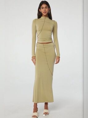 The Line by K Beige Vana Maxi Skirt Long Sleeve Set XS